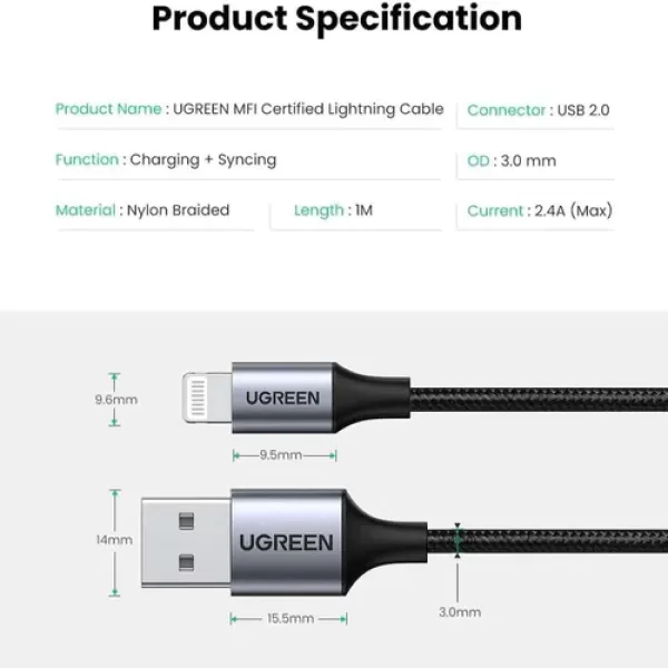 UGREEN US199 (60156) Lightning to USB Cable Aluminum Case with Braided 1m (Black) image 3