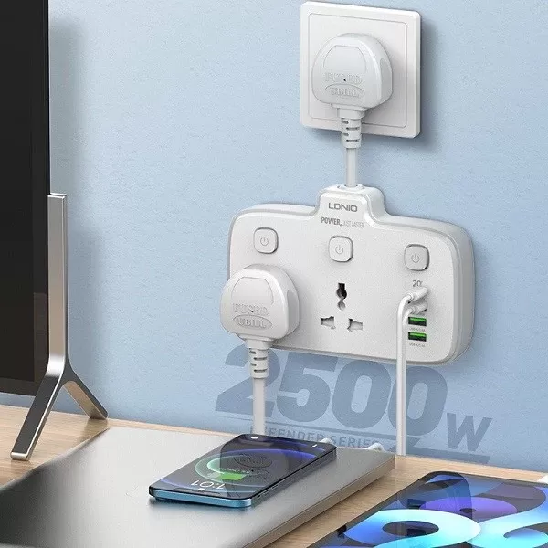 Ldnio 3 Pin 2 Port White Power Strip SC2413 image 3