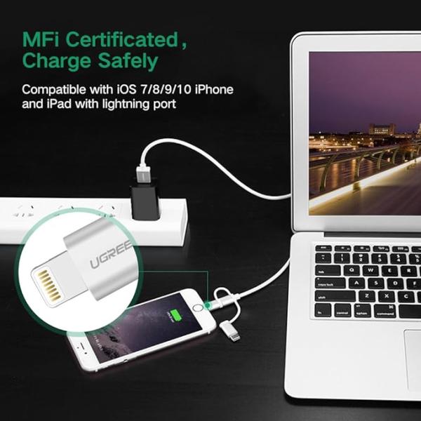 UGREEN US186-80825 Alu Case 1m Braided 3-in-1 Lightning Cable (SILVER) image 2