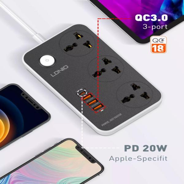 LDNIO 38W PD20W Power Strip 3 Socket Outlets and 3 QC 3.0 USB SC3412 image 3